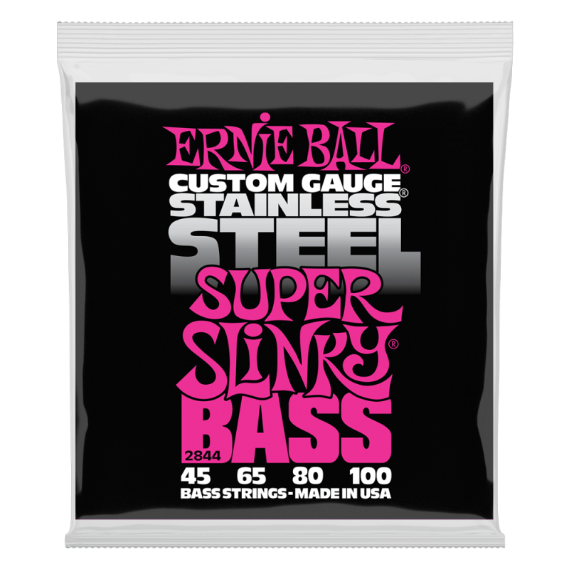 Juego 4 Cuerdas Bajo Eléctrico Ernie Ball 2844 Slinky Stainles Steel Escala larga 45-100