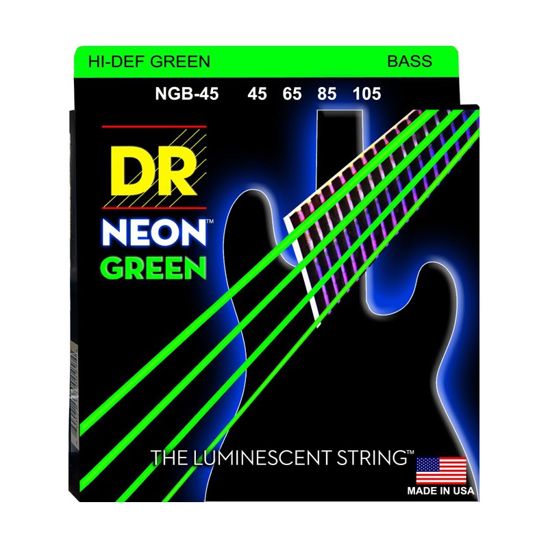 Juego 4 Cuerdas Bajo Eléctrico DR Strings Neon NGB-45 Long Scale Green 45-105 Medium