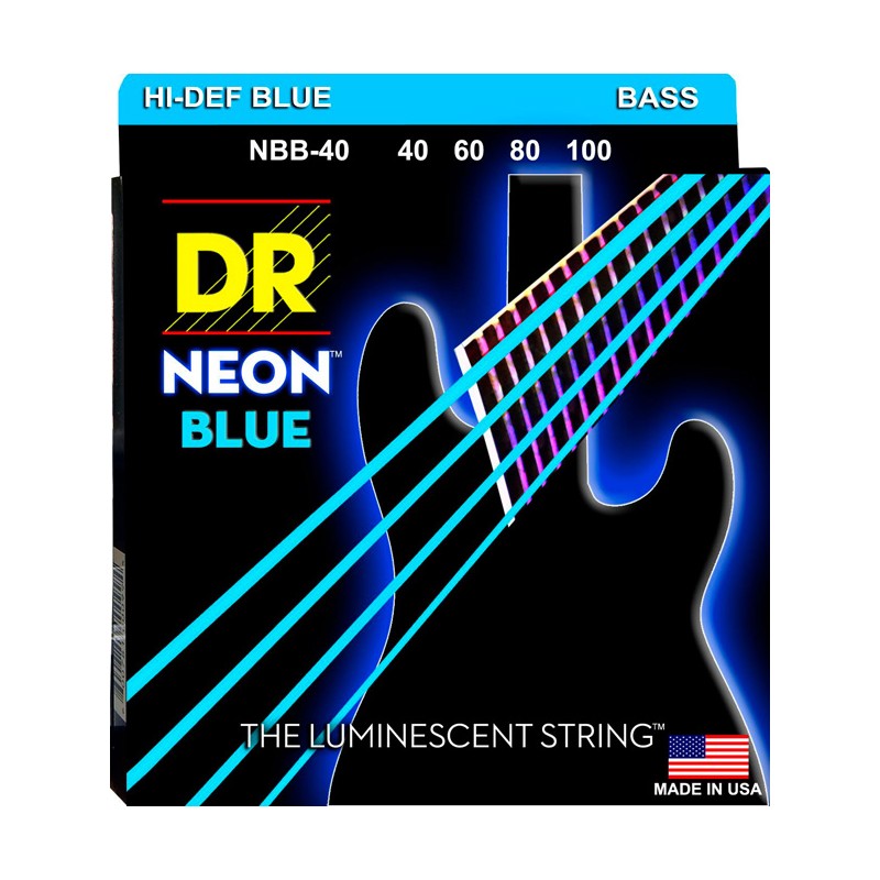 Juego 4 Cuerdas Bajo Eléctrico DR Strings Neon NBB-40 Long Scale Blue 40-100 Light