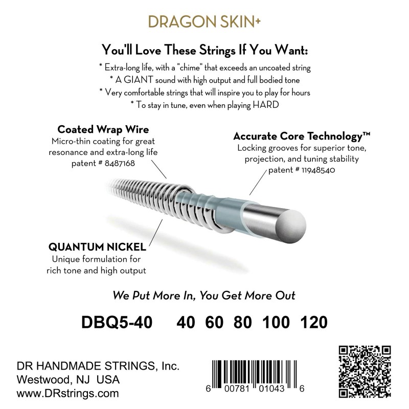 717401 DR DBQ5-40 Dragon Skin+ Light Cuerdas Bajo 5 Cuerdas Quantum Nickel Coated