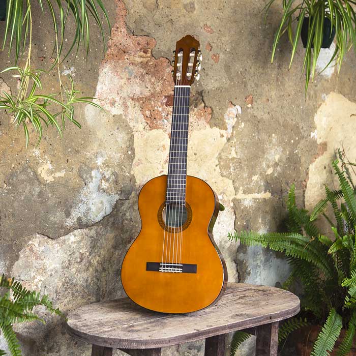 Foto de la guitarra clásica Yamaha CGS102A 1/2 en un patio