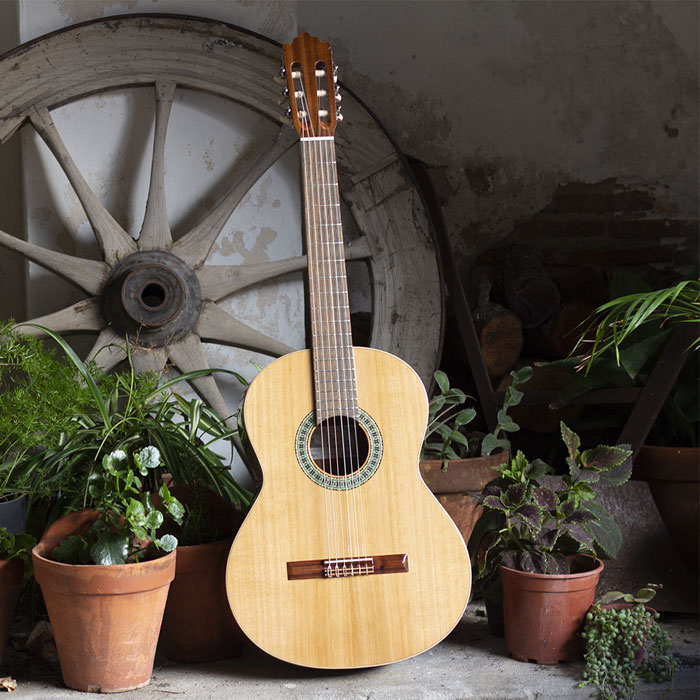 Foto de la guitarra clásica Paco castillo 201 Brillo en un patio
