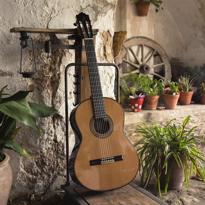 Guitarra clásica Paco Castillo 205 en un patio